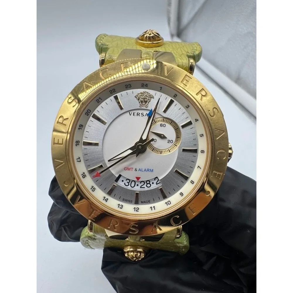 Versace‎ GMT & Alarm Gold Tone Watch Lime Green Leather Strap Medusa Swiss Made